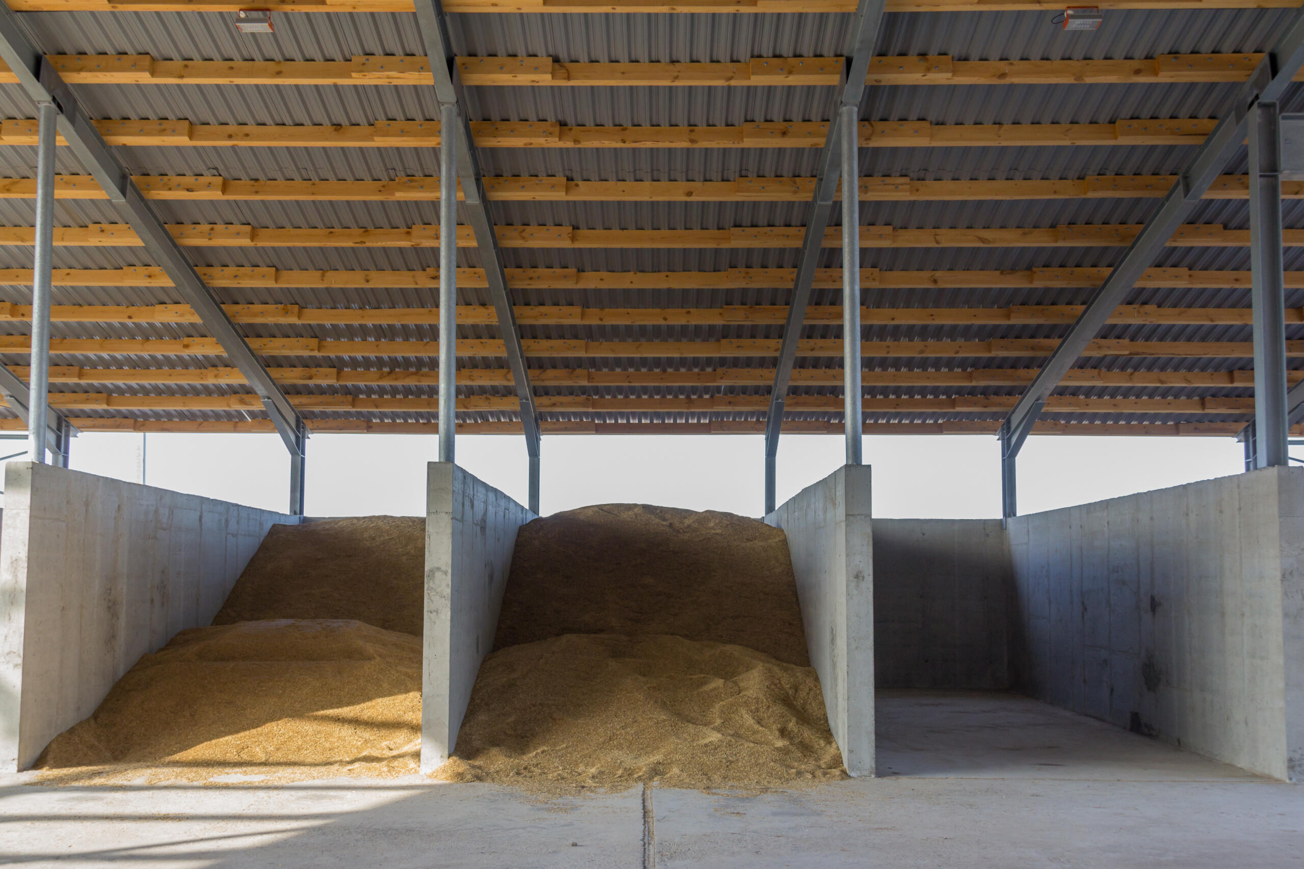 View inside a large hemp hurd drying storage hangar